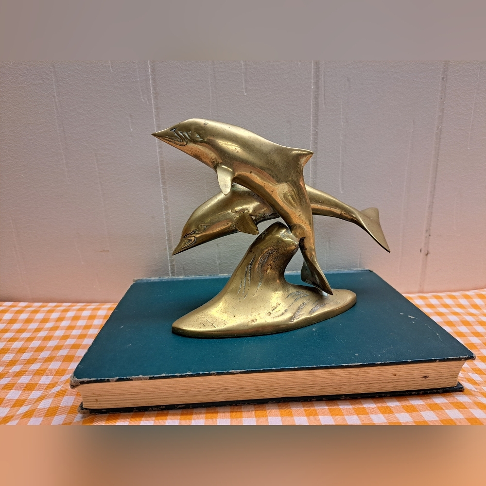Pair Of Vintage Brass Jumping Dolphin Sculpture